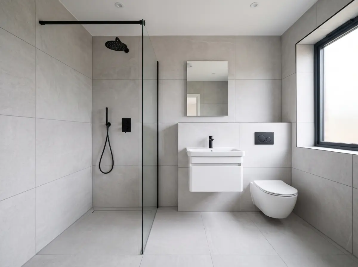 Fertig saniertes Badezimmer mit bodengleicher Dusche, Waschtisch und grossformatigen Fliesen