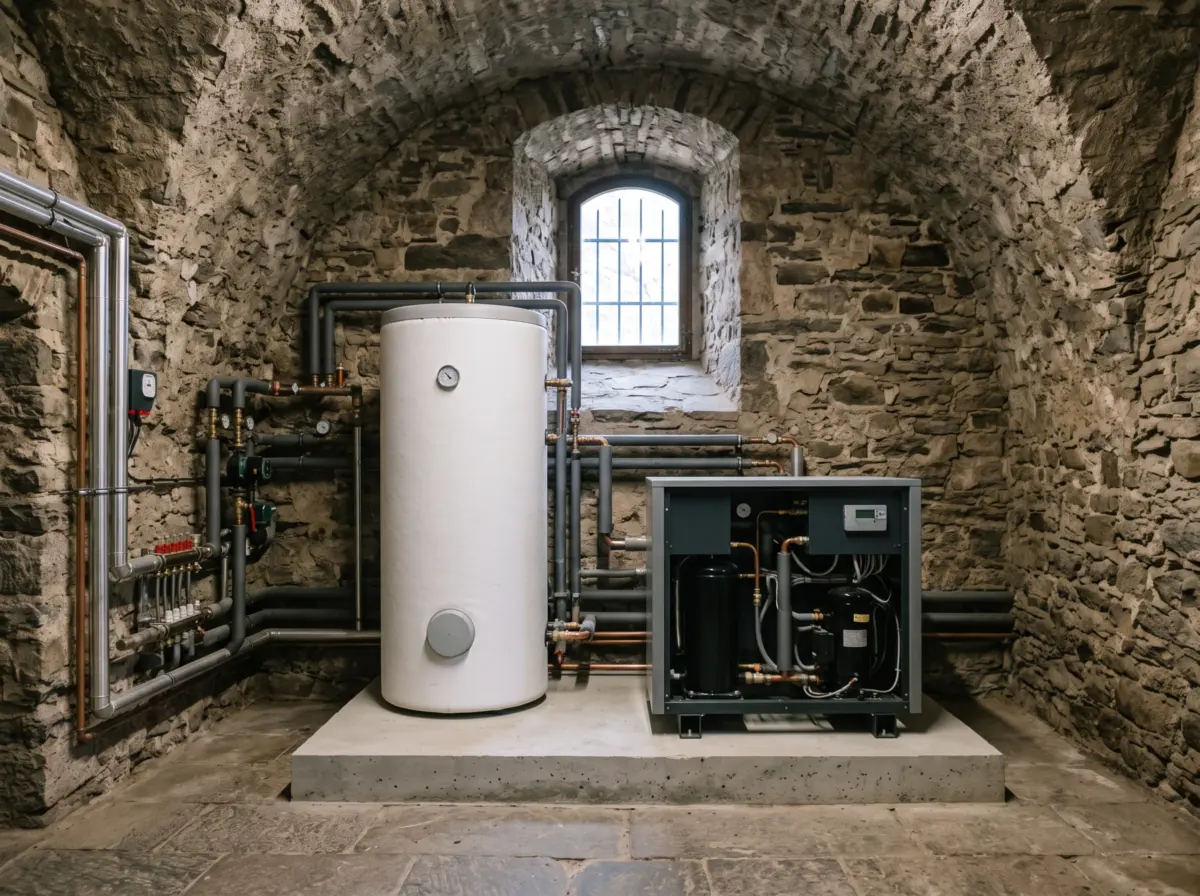 Heizzentrale mit Pufferspeicher und Waermepumpe im Gewoelbekeller einer historischen Burganlage