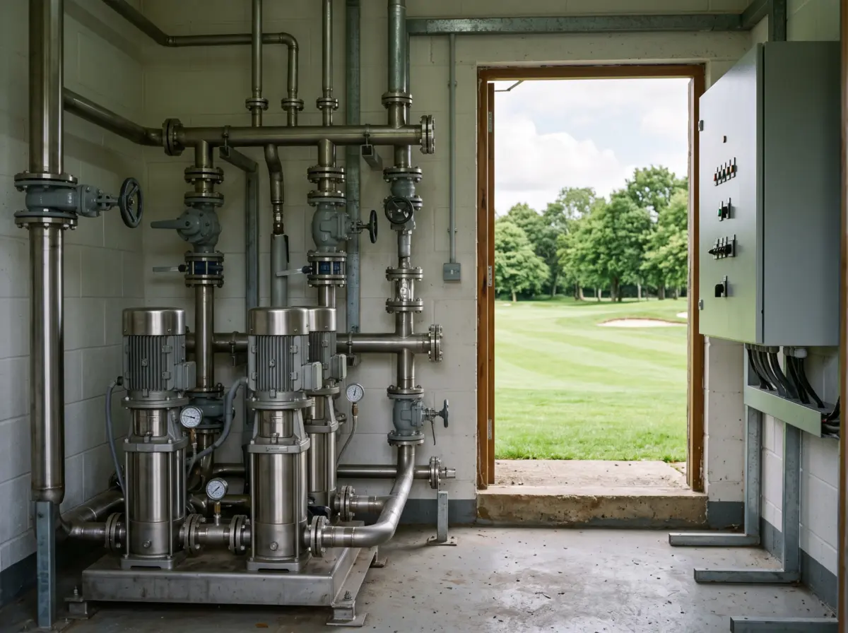 Technikraum einer Golfanlage mit Pumpen, Verrohrung und Schaltschrank, Blick auf den Platz